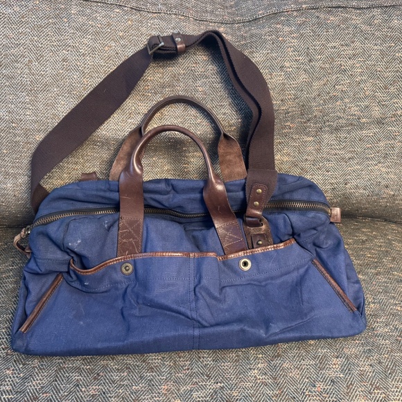 J. Fold Roadster Duffel Bag Blue Canvas Brown & Leather (Authentic Pre-Owned) - Picture 2 of 15